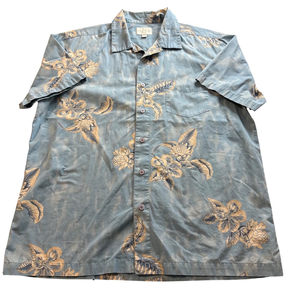 Trader Bay Mens Blue Floral Hawaiian Camp Shirt Short Sleeve 100% Cotton Large